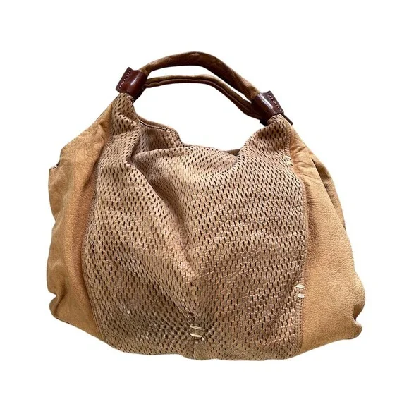 49 Square Miles Nubuck Leather Slouchy Hobo Shoulder Bag Perforated Tan Tote - Picture 9 of 14